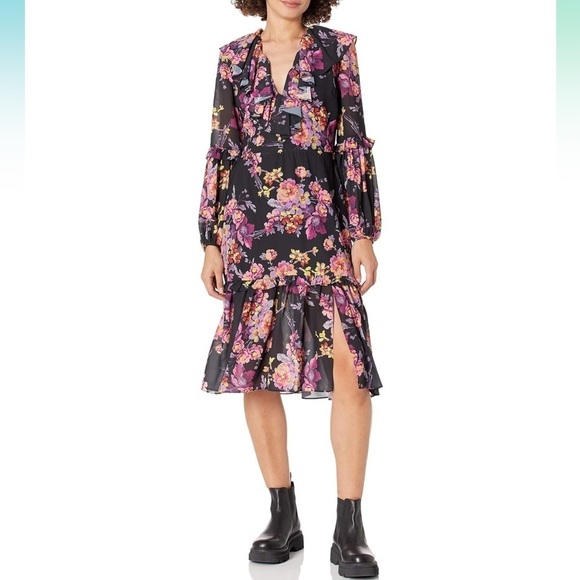 Amanda Uprichard Dresses & Skirts - AMANDA UPRICHARD Talulah Long Sleeve Ruffle Hem MIDI Dress In EVEVNING Blossom L